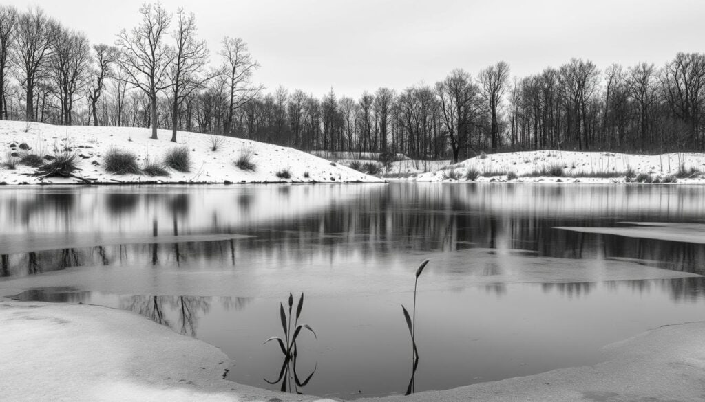 Serene winter landscape with a tranquil pond, surrounded by bare trees dusted with snow. The still water reflects the gray sky above, creating a calming, monochrome scene. In the foreground, a few hardy water plants peek out from the icy surface, adding subtle pops of color. The middle ground features a gently sloping bank, dotted with snowdrifts and the silhouettes of dormant vegetation. The background is a minimalist, atmospheric forest, its branches reaching up towards the heavens. Captured in a crisp, high-contrast black and white style, with selective color accents to highlight the natural elements.