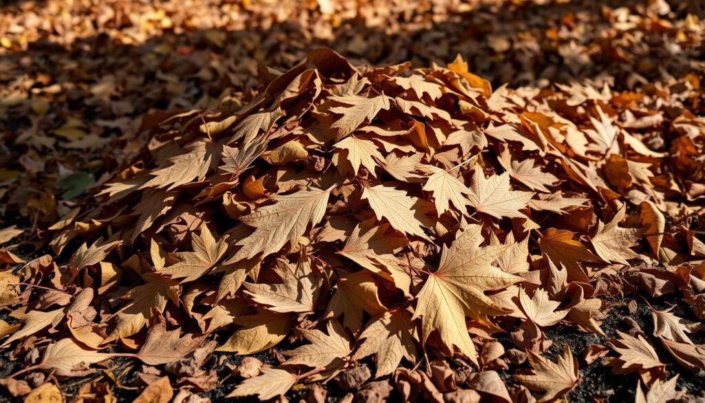 a pile of dry, fallen leaves in varying shades of brown and yellow, scattered across the ground in a natural, organic arrangement. the leaves are depicted in a detailed, realistic style, with intricate textures and subtle variations in color. the scene is illuminated by soft, natural lighting, casting gentle shadows that add depth and dimension. the background is slightly blurred, focusing the viewer's attention on the central pile of leaves. the overall composition conveys a sense of tranquility and the changing seasons, with the leaves representing the natural cycle of growth and decay. the image is rendered in a restrained, monochromatic palette, with only occasional hints of color to provide visual interest.