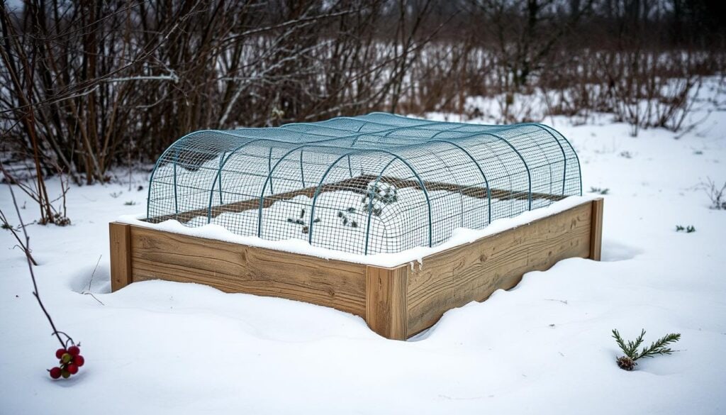 a snow-covered raised garden bed in the winter, with a wooden frame and a metal mesh cover to protect the plants. the bed is situated in a wintry landscape, with bare trees and a light dusting of snow in the background. the lighting is soft and overcast, casting a subtle glow on the scene. the overall mood is one of tranquility and dormancy, with the bed serving as a focal point for the viewer's attention. the image has a muted color palette, with the predominant shades being various tones of gray and white, punctuated by the occasional pop of color, such as the red of a berry or the green of an evergreen branch.