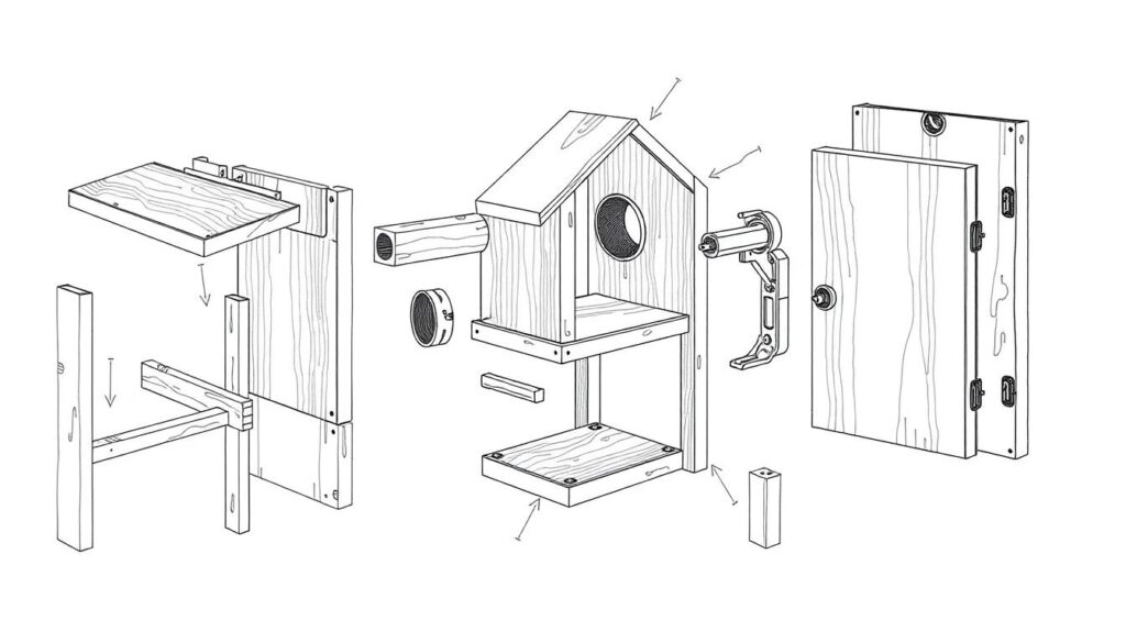 vogelhaus zusammenbau: a black and white technical illustration with colorful accents, depicting the step-by-step construction of a birdhouse. a detailed exploded view showcases the individual components, from the wooden panels and perch to the hinged access door. clean, precise linework highlights the joinery and assembly, while subtle pops of color - perhaps the stain of the wood or the metal hardware - draw the eye. the composition is balanced and symmetrical, conveying a sense of order and functionality. the overall mood is one of focused DIY craftsmanship, inviting the viewer to engage with the project.