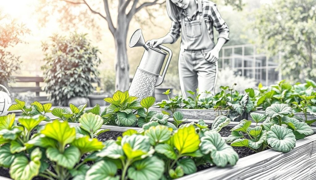 A beautiful, detailed illustration of a raised garden bed (Hochbeet) in a serene garden setting, showcasing the care and watering methods for plants. In the foreground, lush green herbs and vegetables thrive in the raised bed, with droplets of water glistening on their leaves. The middle ground features a gardener in modest casual clothing, gently using a watering can to nourish the plants. The background captures a tranquil garden scene with soft, diffused sunlight filtering through trees, casting warm hues. The entire image is rendered in pencil with black and white shading, highlighted by pointillistic colorful accents on the plants and watering can, creating a harmonious and inviting atmosphere that emphasizes nurturing and gardening.