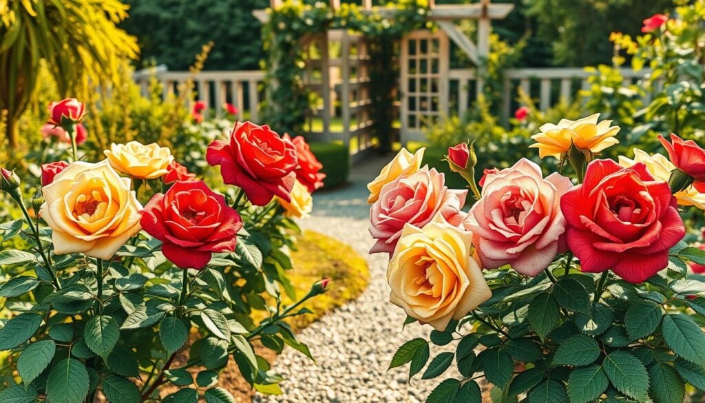 A beautifully arranged garden scene featuring robust roses in full bloom, showcasing an array of colors like deep red, soft pink, and bright yellow, with intricate details on the petals. In the foreground, a bed of lush green leaves surrounds the flowers, enhancing their vibrancy. The middle section includes a gently winding gravel path that leads through the rose bushes, inviting viewers to explore the garden. In the background, a soft-focus view of a wooden trellis adorned with climbing vines adds depth to the scene. The image is bathed in warm, golden sunlight, creating a serene and inviting atmosphere. The artwork is rendered in black and white pencil sketch style, with selective color accents on the roses, emphasizing their robustness and beauty. The overall mood is tranquil and picturesque, perfect for illustrating a low-maintenance garden theme.