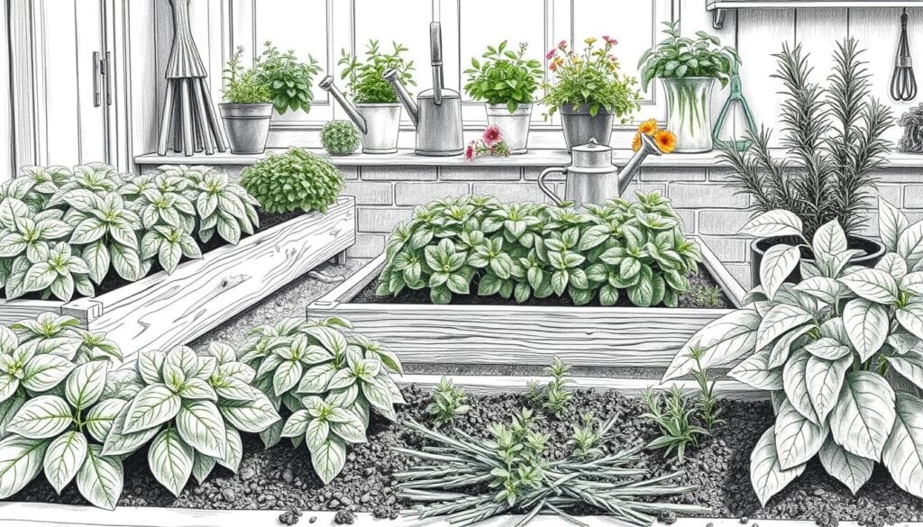 A beautifully arranged herb garden, showcasing a variety of kitchen herbs like basil, thyme, and rosemary. In the foreground, intricately detailed plant beds made of rustic wooden planks, with lush green herbs thriving in rich soil. The middle ground features garden tools like a trowel and watering can, adding a sense of nurturing and care. In the background, a sunny kitchen window with potted herbs, surrounded by hints of colorful flowers. The scene is captured in black and white pencil sketch style, accented with subtle splashes of color on the herbs to emphasize their freshness. Soft, natural lighting creates a warm and inviting mood, with a slightly elevated angle for a comprehensive view of the garden layout.