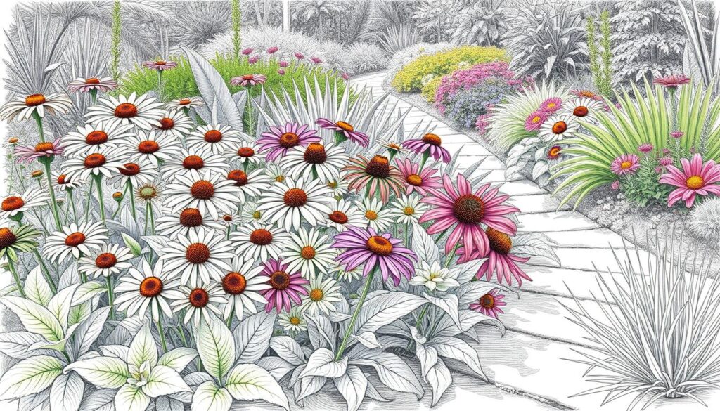 A beautifully arranged selection of perennial plants, focusing on various species ideal for a front garden bed. In the foreground, showcase a cluster of vibrant, blooming perennials like daisies and coneflowers with detailed textures and varying leaf shapes. In the middle ground, include lush green ferns and ornamental grasses, creating a rich, layered effect. The background should feature a serene garden path winding through a colorful array of flowering plants under soft, dappled sunlight, casting gentle shadows. Use a black and white pencil sketch style with selective color accents on the flowers, enhancing their vibrant hues. The overall atmosphere should feel inviting and tranquil, ideal for a rustic garden setting.