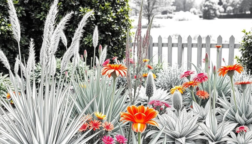A beautifully designed garden bed featuring prominent focal plants (Blickfänger) in various heights and textures. In the foreground, tall, vibrant ornamental grasses sway gently, while large, bold flowering plants add bursts of color, capturing attention. The middle ground showcases an array of diverse foliage, arranged artfully to create depth and interest. In the background, a softly blurred, serene landscape of greenery and perhaps a wooden garden fence enhances the ambiance. The entire scene is rendered in detailed black and white pencil sketch style, with selective, bright color accents on the focal plants, creating a striking contrast. Soft, natural lighting casts gentle shadows, adding a tranquil and inviting atmosphere to the garden space. The perspective is a slight top-down view, inviting the viewer into this lush, creative garden oasis.