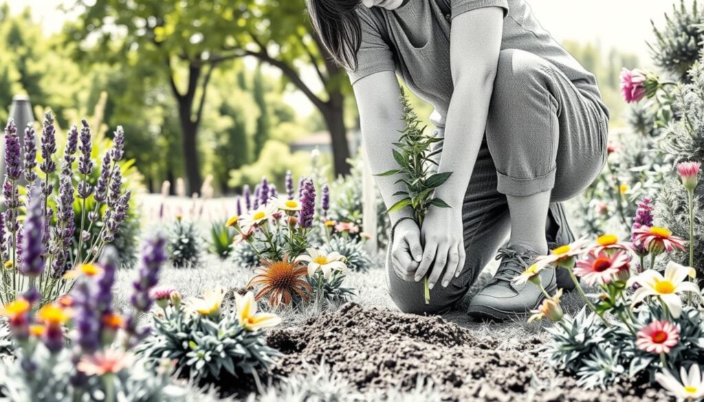 A beautifully detailed black and white illustration of a gardener carefully planting perennials in a lush garden bed, with various vibrant colored accents highlighting the flowers and foliage. In the foreground, the gardener, dressed in modest casual clothing, is kneeling beside a freshly dug hole, holding a healthy perennial plant. The middle section of the image features an assortment of different perennials like lavender, coneflowers, and daylilies, arranged harmoniously in the garden bed. In the background, a soft-focus view of a sunlit garden with green trees and a clear sky creates a tranquil atmosphere. The lighting is warm and natural, casting subtle shadows to enhance depth, captured from a slightly elevated perspective to showcase the planting process from above.