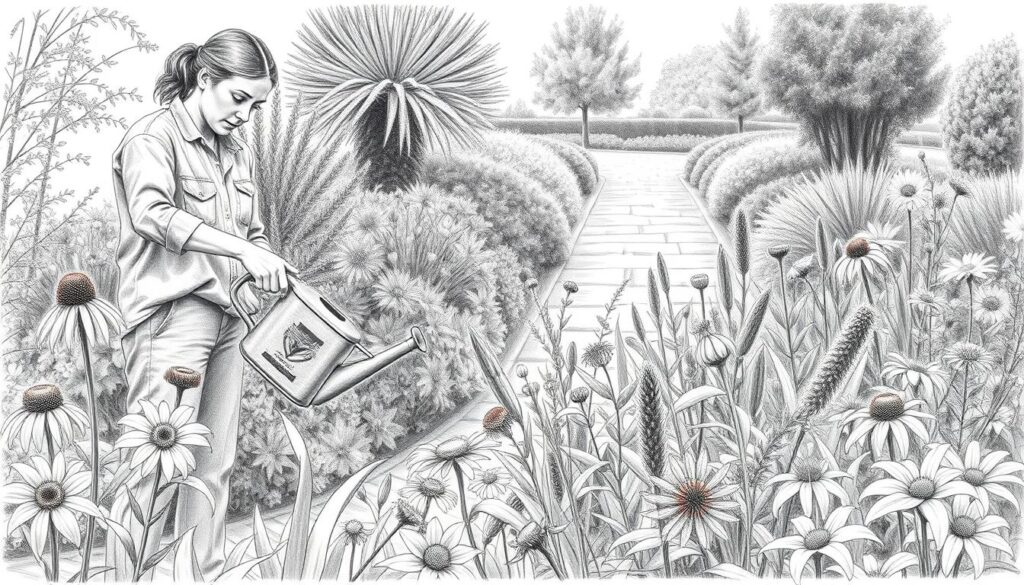 A beautifully detailed black and white pencil drawing of a well-maintained perennial garden, showcasing various flowering plants in their full bloom. In the foreground, a gardener dressed in modest casual clothing is thoughtfully watering the plants with a watering can, surrounded by lush greenery. In the middle ground, vibrant flowers like coneflowers, daylilies, and asters are intermingling, their intricate shapes defined by soft shading, with occasional colorful accents to bring life to the scene. In the background, a gentle, sunlit garden path leads into the distance, framed by delicate trees and shrubs, creating a warm and inviting atmosphere. The light sources highlight the textures of the plants, emphasizing the care involved in long-term maintenance like watering, fertilizing, and pruning.