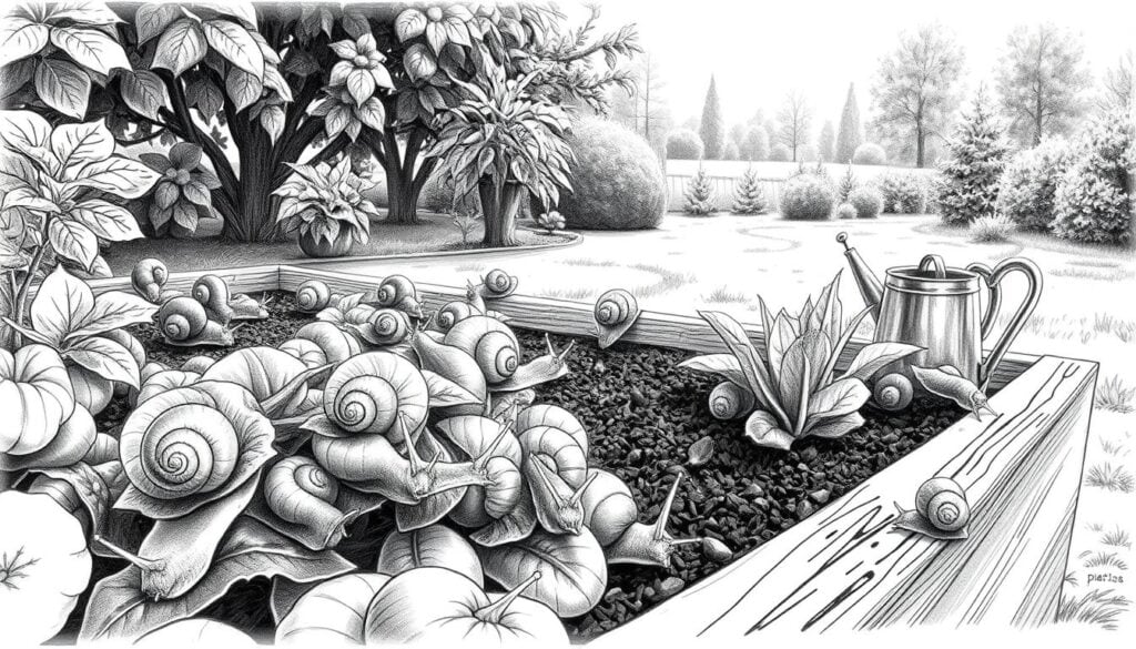 A cozy garden scene depicting a raised vegetable bed, intricately detailed with various plants showing signs of snail infestations. In the foreground, highlight snails crawling on the leafy greens, emphasizing their texture and sheen in black and white with selective color accents on the plants. In the middle, illustrate the raised bed structure with rich soil, adding small tools like a trowel and a watering can to suggest gardening activity. The background features a softly blurred garden landscape, with gentle sunlight filtering through trees, creating an inviting atmosphere. Capture the essence of challenges in gardening while maintaining a serene and hopeful mood, ensuring the overall composition is engaging and informative. Use a mid-angle perspective to draw the viewer's attention to the intricate details.