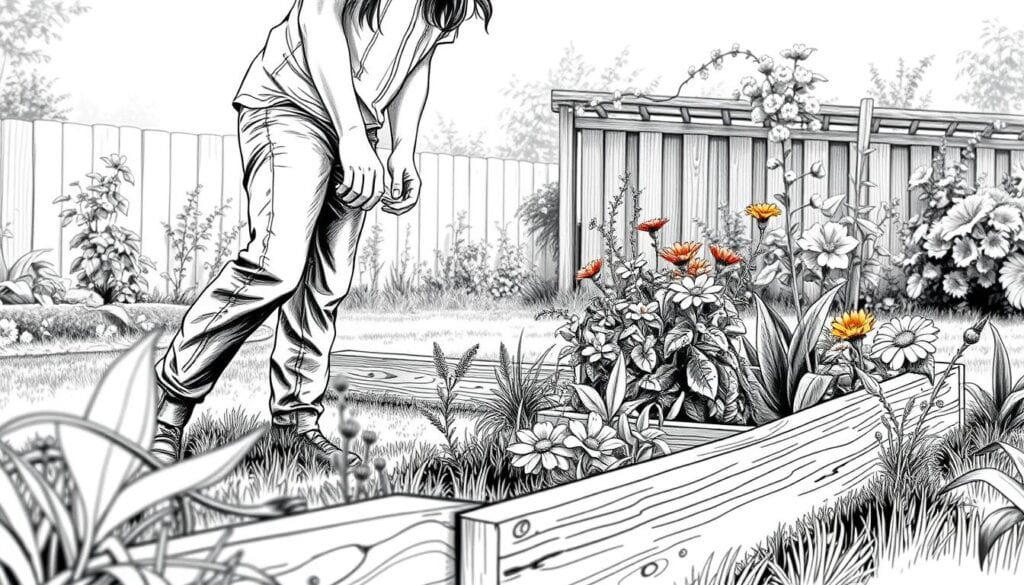 A detailed, black and white illustration of a DIY garden border being constructed in a residential backyard. In the foreground, a person wearing modest casual clothing is carefully placing wooden planks to create a raised garden bed, emphasizing a hands-on approach. In the middle ground, vibrant plants and flowers peek out from the newly built border, showcasing different textures and shapes. The background features a soft-focus view of a sunlit garden, filled with greenery and a hint of blue sky. The scene is illuminated by warm, natural light, capturing an inviting atmosphere. Selective color accents highlight the flowers, adding charm while maintaining the black and white aesthetic with splashes of color in the blooms.