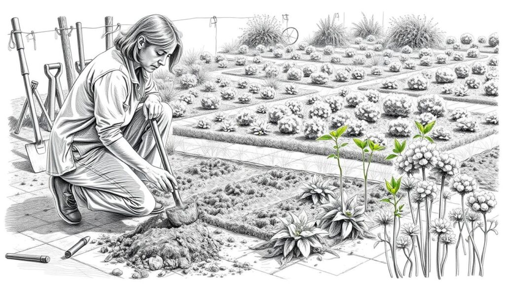 A detailed garden preparation scene in black and white pencil sketch style with selective color accents. In the foreground, a gardener in modest casual clothing kneels, working on the soil with a spade, focused and determined. The middle ground features various garden tools, fresh soil turned over, and seedlings ready for planting. In the background, a well-maintained garden layout reveals rows of flowers and shrubs, with a subtle hint of greenery in color to represent new growth. Warm, natural lighting illuminates the scene, casting gentle shadows and enhancing the textures of the soil and plants. The atmosphere is one of calm productivity and anticipation, reflecting the essence of preparation for a vibrant garden.