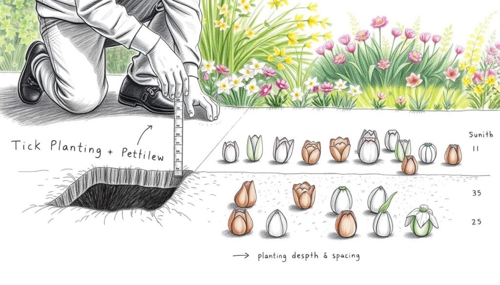 A detailed illustration showcasing the planting depth and spacing of flower bulbs, depicted in a pencil sketch style with selective color highlights. In the foreground, a gardener kneels beside a carefully marked planting area, measuring the depth using a small ruler. The middle ground features neatly organized flower bulbs, showing varying types such as tulips and daffodils, arranged according to recommended spacing guidelines. The background consists of a serene garden scene with blossoming flowers and lush greenery, providing a harmonious atmosphere. Soft natural lighting filters through, creating gentle shadows that add depth to the sketch. The overall mood is instructional yet calming, emphasizing the simple, methodical process of planting bulbs effectively.