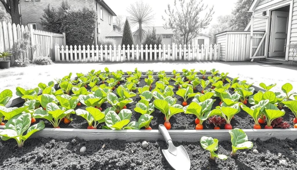 A meticulously organized vegetable garden bed in a sunny backyard, showcasing an optimal planting layout. In the foreground, vibrant green leafy vegetables, such as lettuce and spinach, are planted in neat rows, interspersed with colorful carrots and radishes peeking through the soil. The middle ground features a wooden garden border enclosing the bed, with a small hand trowel resting nearby. The background includes a picket fence and a small shed, casting gentle shadows under the warm sunlight. The atmosphere is serene and inviting, evoking a sense of calm and productivity. The scene is illustrated in black and white pencil with selective colorful accents on the vegetables, enhancing their vitality without distractions.