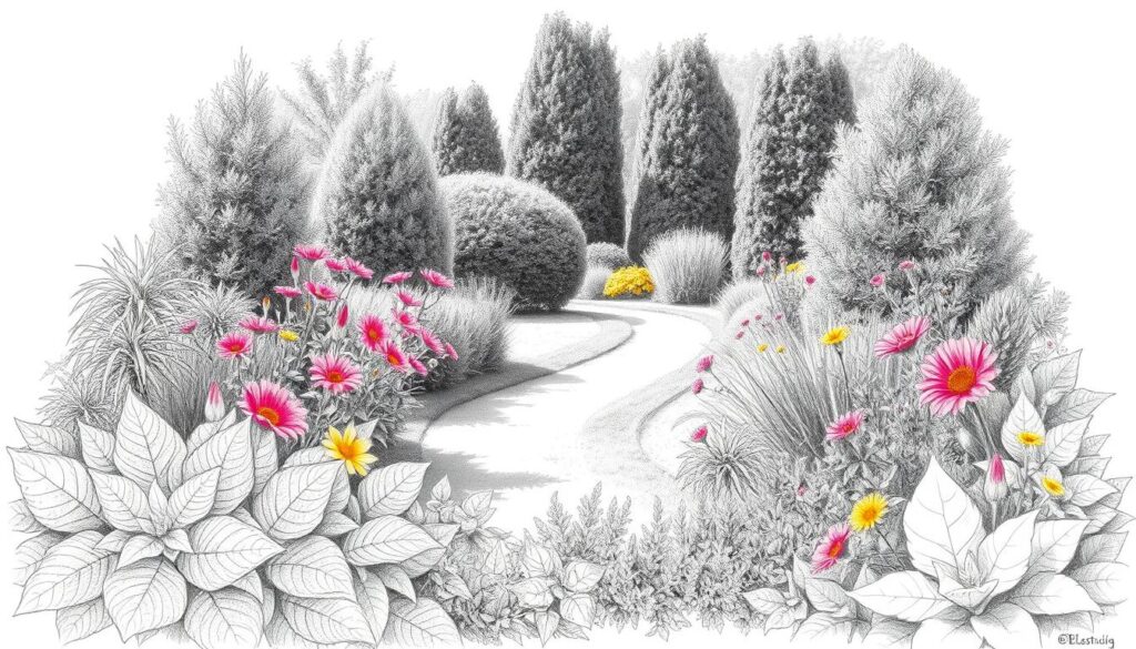 A serene garden scene featuring a natural plant border, beautifully arranged with a variety of vibrant, flowering plants. In the foreground, lush greenery with intricate textures creates a soft frame, while brightly colored flowers add subtle pops of color amongst the black and white sketch. In the middle ground, a gently winding path leads through the garden, enhancing the sense of depth. In the background, tall shrubs and trees provide a natural backdrop, hinting at a peaceful, sunny day. The light filters through the leaves, casting delicate shadows. Capture this image in a pencil sketch style, emphasizing the contrast between the black and white elements against the selective bursts of color in the blossoms, evoking tranquility and harmony in the garden environment.