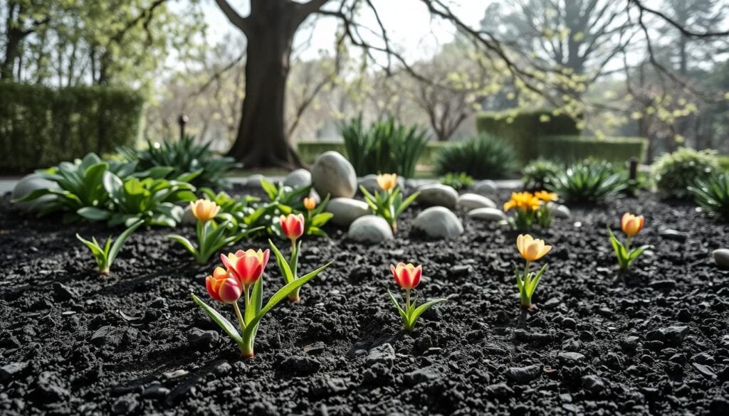 A serene garden scene showcasing the ideal location for planting flower bulbs. In the foreground, a neatly arranged patch of soil rich in texture, with vibrant spring flowers just beginning to bloom, rendered in black and white with selective touches of color highlighting the flowers. The middle ground features a mix of leafy green plants and decorative stones, symbolizing optimal growth conditions. In the background, gently swaying trees under soft, diffused sunlight filters through branches. The composition captures a tranquil and inviting atmosphere, emphasizing the harmonious relationship of nature. The image should evoke a sense of peace and readiness for vibrant vegetation, focusing on the beauty of nature's palette.