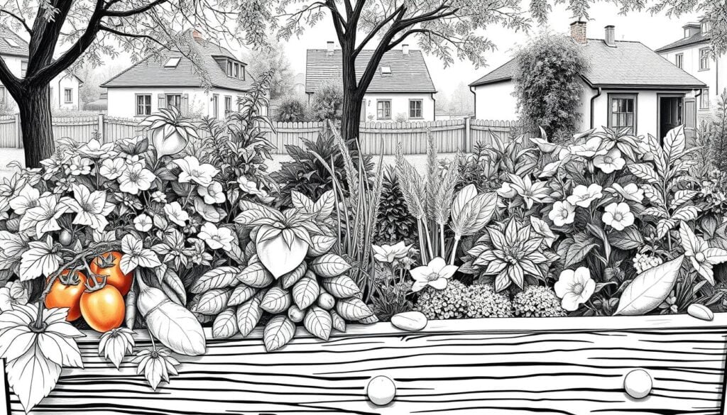 A vivid black and white illustration depicting a diverse raised bed garden (Hochbeet) showcasing effective companion planting (Mischkultur) in a compact urban space. In the foreground, intricately detailed vegetables like tomatoes, carrots, and herbs are intermingled harmoniously, with subtle colored highlights on flourishing leaves and vibrant blossoms. The middle ground features neatly arranged wooden planks forming the raised bed, while small decorative stones line the garden’s edges. In the background, a quaint urban landscape is visible, with modest buildings partially shaded by overhanging trees. Soft, natural lighting casts gentle shadows, creating a tranquil atmosphere. The perspective is slightly elevated, capturing the beauty and organization of the small garden space, inviting viewers to explore the intricate relationships between the plants.