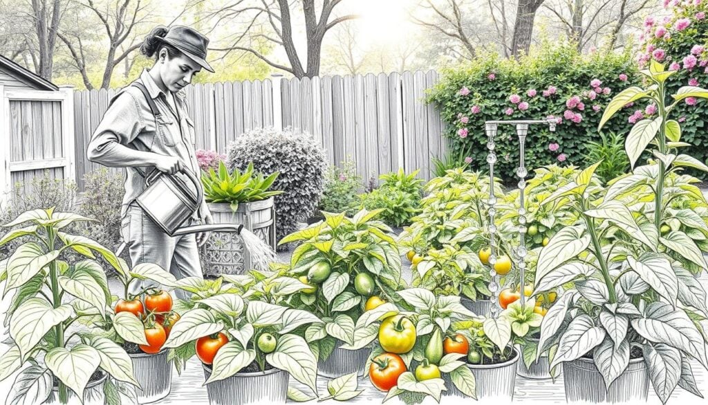 A well-tended vegetable garden in a serene backyard setting, featuring a variety of lush green plants such as tomatoes, cucumbers, and bell peppers. In the foreground, a gardener in modest casual clothing is using a watering can, carefully nurturing the plants with focused attention. The middle ground showcases a drip irrigation system, with water droplets sparkling in the light, emphasizing effective watering techniques. The background displays a wooden fence and flowering bushes, enhancing the garden's vibrant atmosphere. The scene is depicted in black and white pencil sketch style, with selective color accents highlighting the vegetables and the water droplets. Soft sunlight filters through the trees, creating a warm, inviting mood, inviting readers to consider the importance of proper irrigation in gardening.