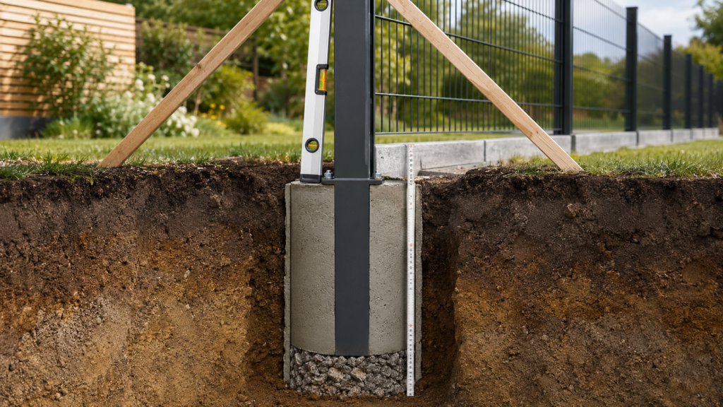 Zaunpfosten einbetonieren mit tiefem Betonfundament, Kiesschicht und Wasserwaage