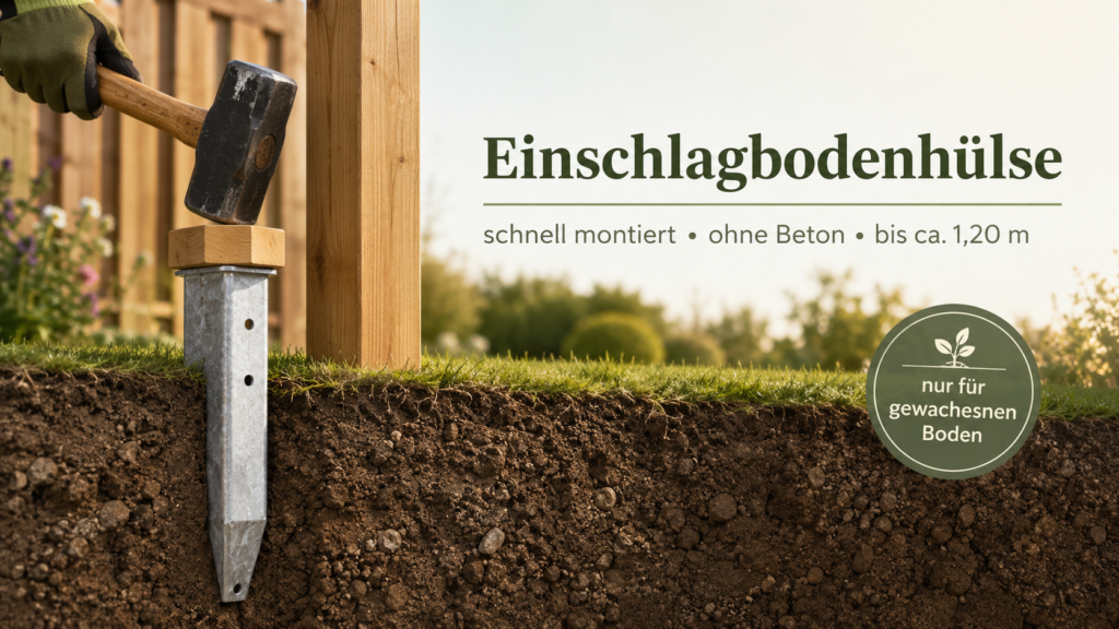 Einschlagbodenhülse für Zaunpfosten wird mit Setzhilfe in gewachsenen Boden eingeschlagen