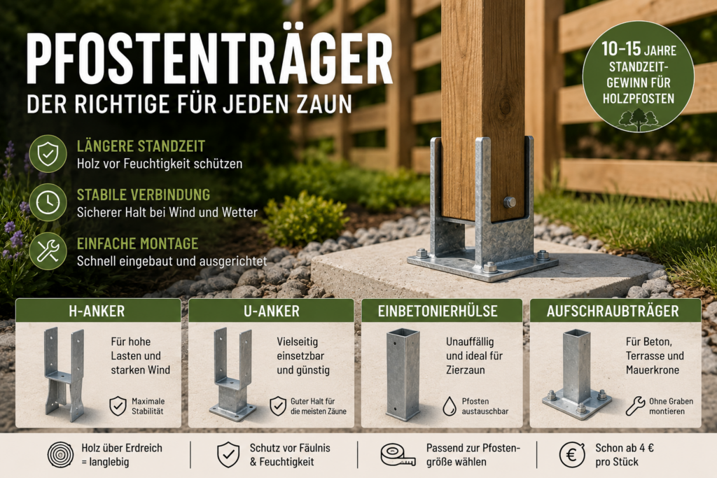 Pfostenträger für Holzpfosten mit H-Anker, U-Anker, Einbetonierhülse und Aufschraubträger im Vergleich