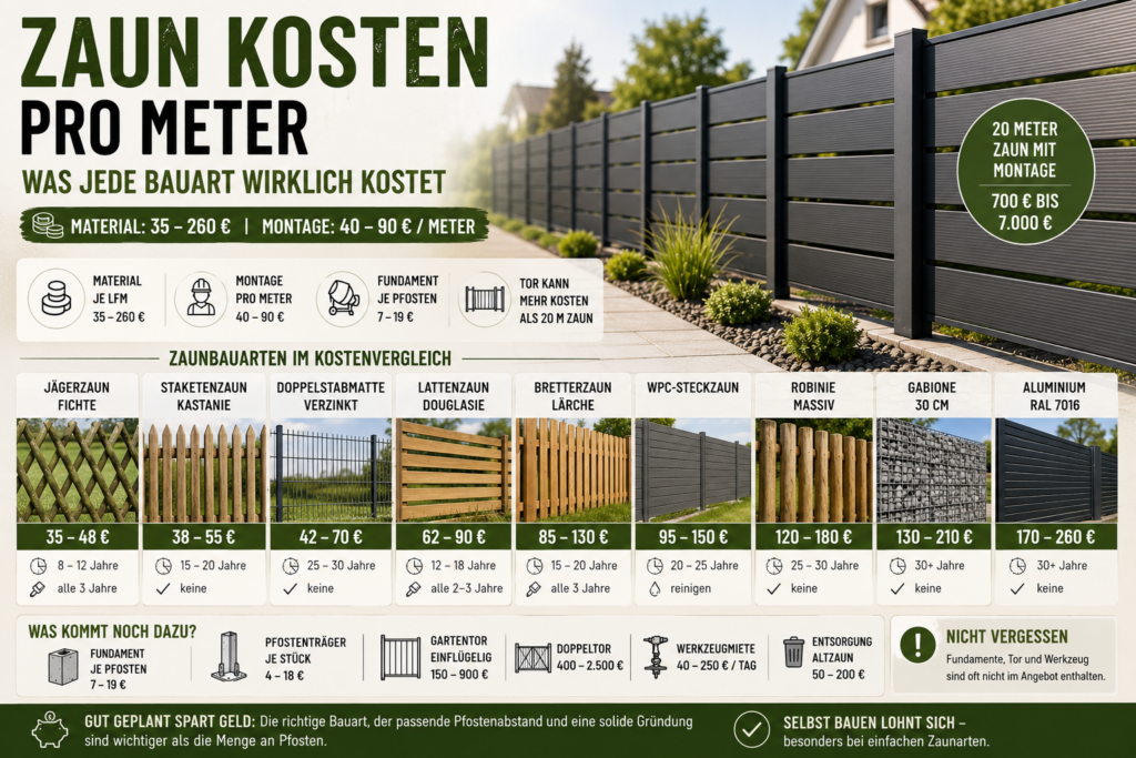 aun Kosten pro Meter im Vergleich mit Preisen für Jägerzaun, Doppelstabmatte, WPC, Gabione und Aluminium