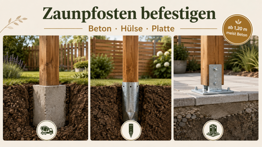 Zaunpfosten befestigen mit Betonfundament, Einschlagbodenhülse und Aufschraubplatte im Vergleich