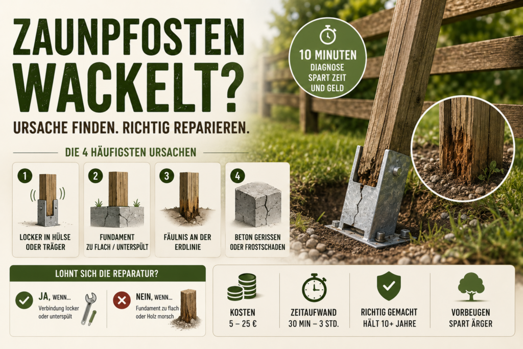 Wackelnder Zaunpfosten mit morschem Holz, lockerem Träger und beschädigtem Fundament